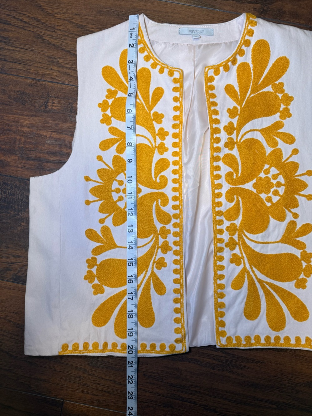 Veveret Boho Embroidered Vest L Cream Yellow Floral Open Front Festival Cottage - Picture 11 of 12